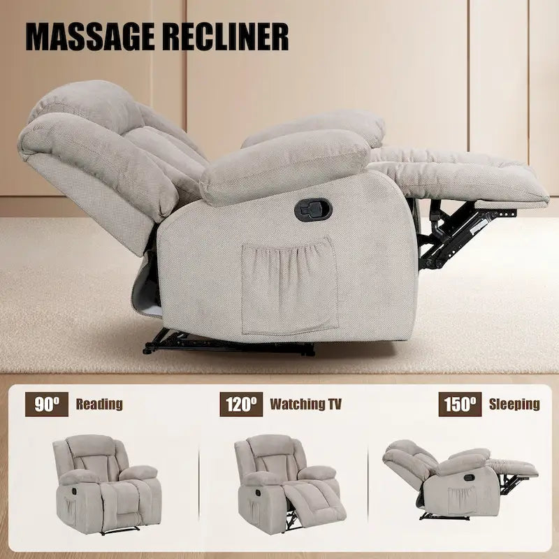 Upholstered Wall-Hugger Recliner with Massage, Heat and Soft Padded Arms