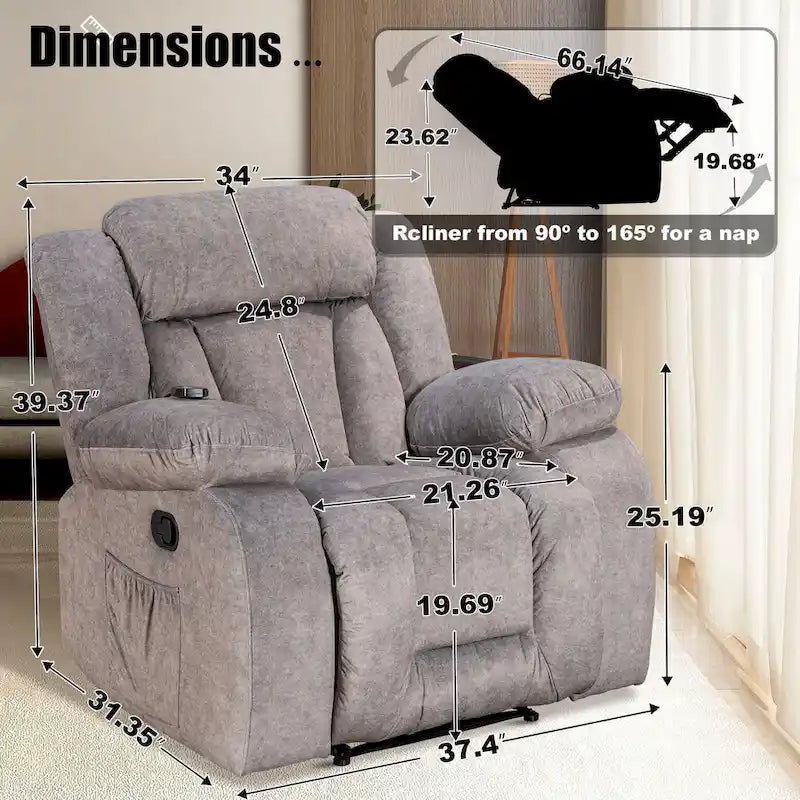 Upholstered Wall-Hugger Recliner with Massage, Heat and Soft Padded Arms
