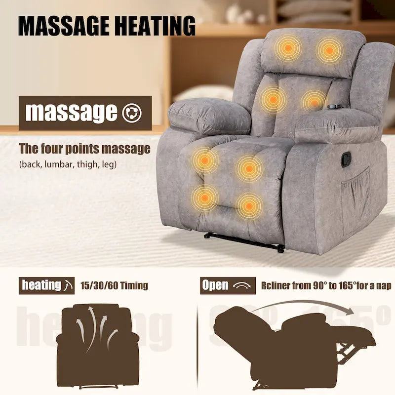 Upholstered Wall-Hugger Recliner with Massage, Heat and Soft Padded Arms
