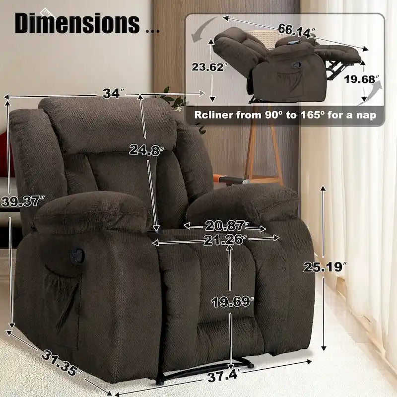 Upholstered Wall-Hugger Recliner with Massage, Heat and Soft Padded Arms