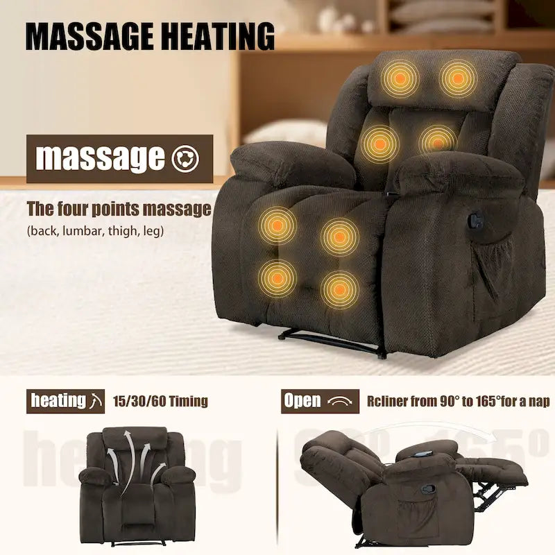 Upholstered Wall-Hugger Recliner with Massage, Heat and Soft Padded Arms