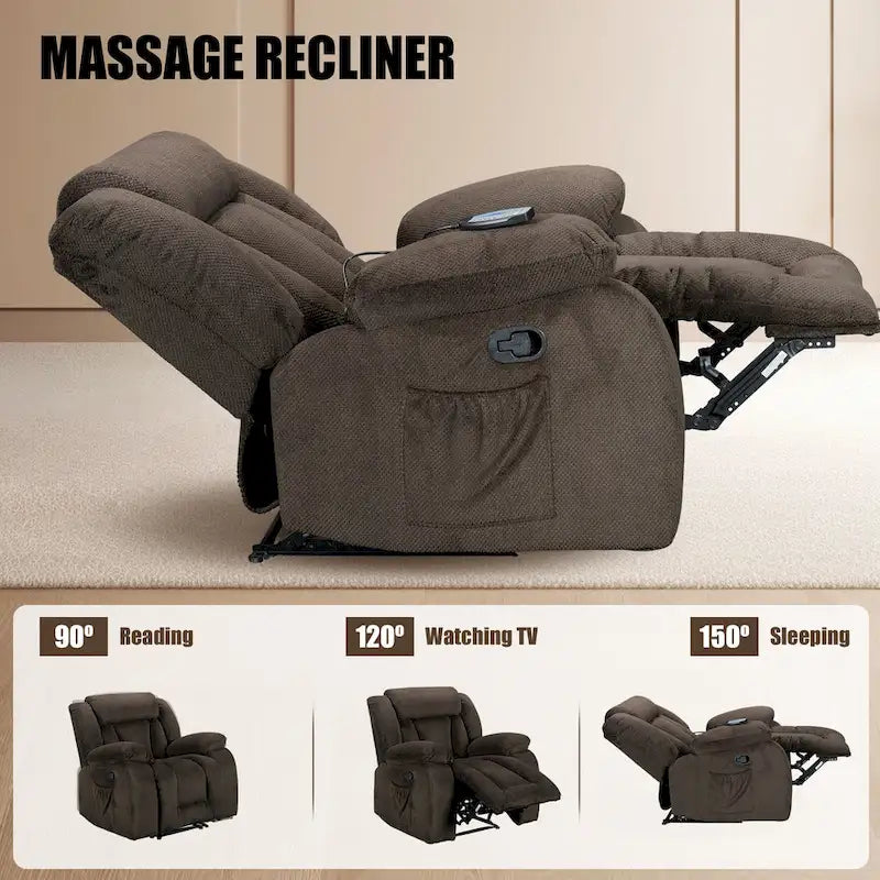 Upholstered Wall-Hugger Recliner with Massage, Heat and Soft Padded Arms