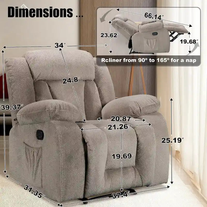 Upholstered Wall-Hugger Recliner with Massage, Heat and Soft Padded Arms