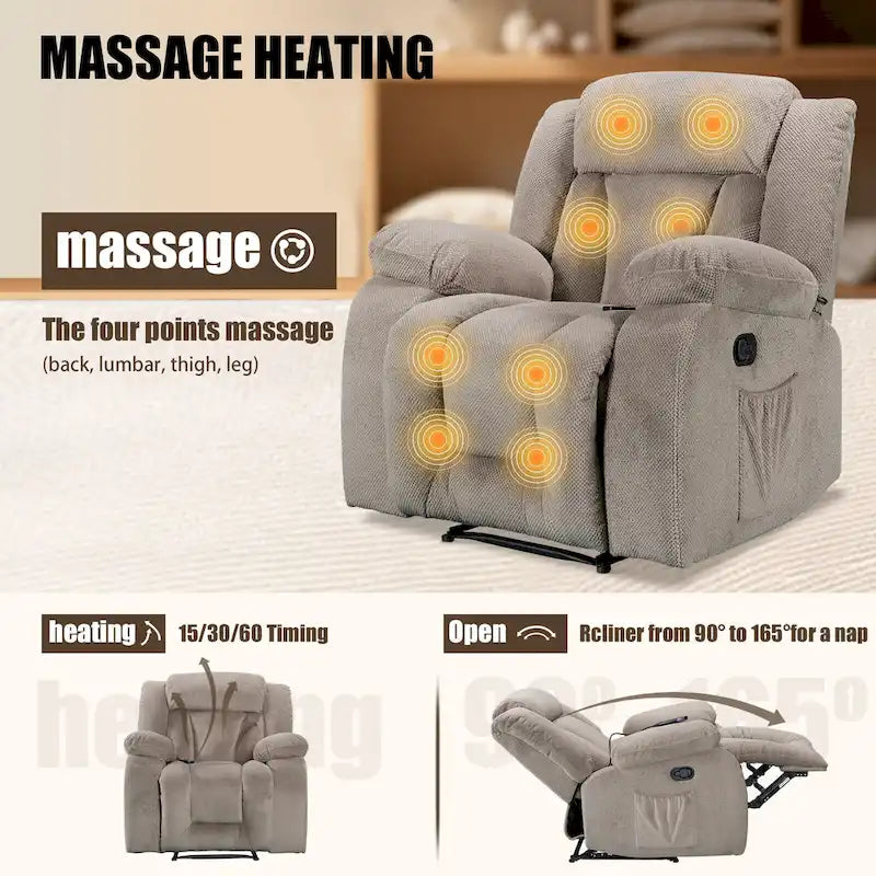Upholstered Wall-Hugger Recliner with Massage, Heat and Soft Padded Arms