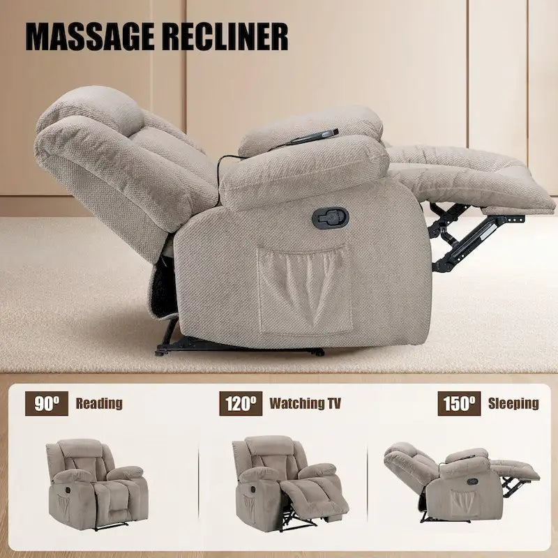 Upholstered Wall-Hugger Recliner with Massage, Heat and Soft Padded Arms