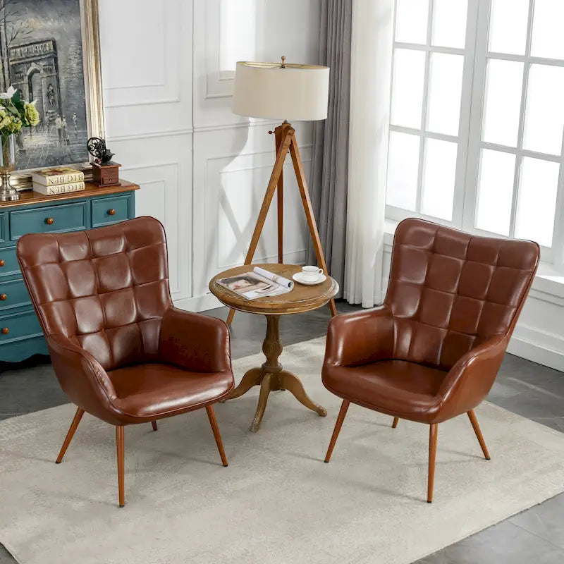 Modern Grid-Tufted Wingback Accent Chairs with Metal Legs