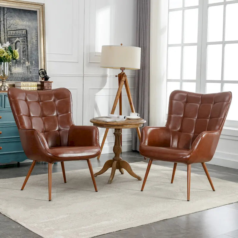 Modern Grid-Tufted Wingback Accent Chairs with Metal Legs
