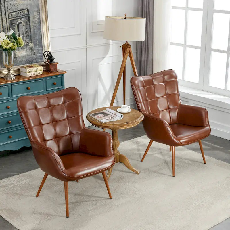 Modern Grid-Tufted Wingback Accent Chairs with Metal Legs