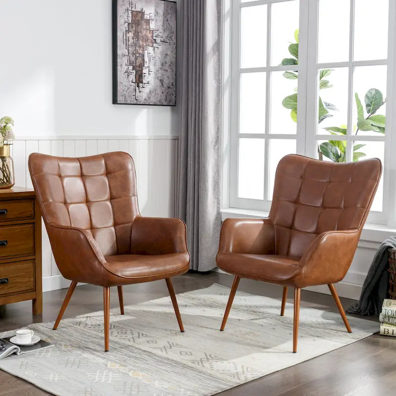 Modern Grid-Tufted Wingback Accent Chairs with Metal Legs