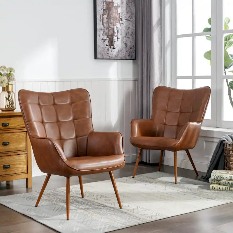 Modern Grid-Tufted Wingback Accent Chairs with Metal Legs