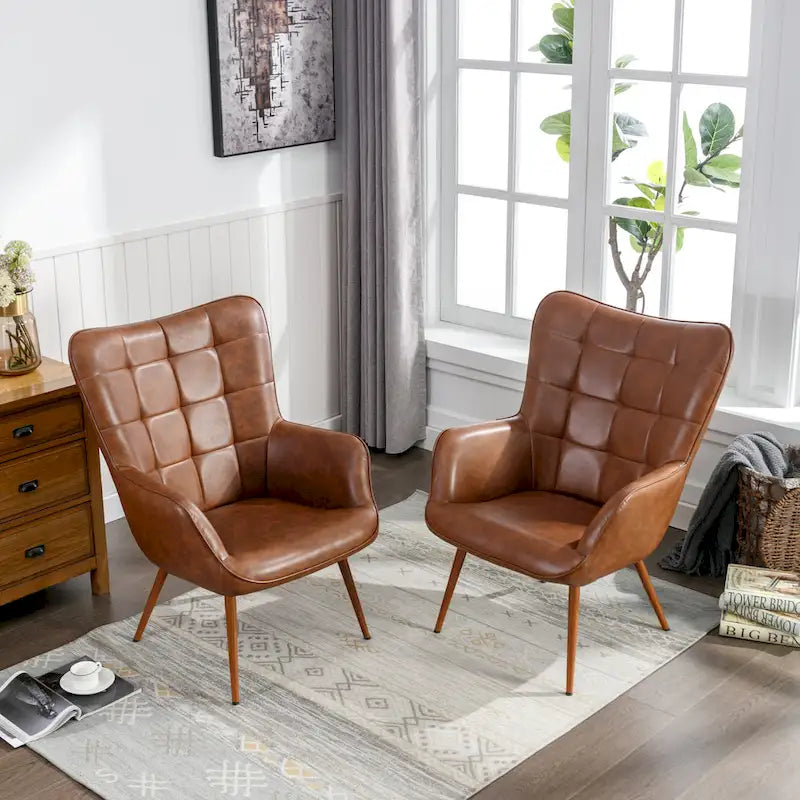 Modern Grid-Tufted Wingback Accent Chairs with Metal Legs