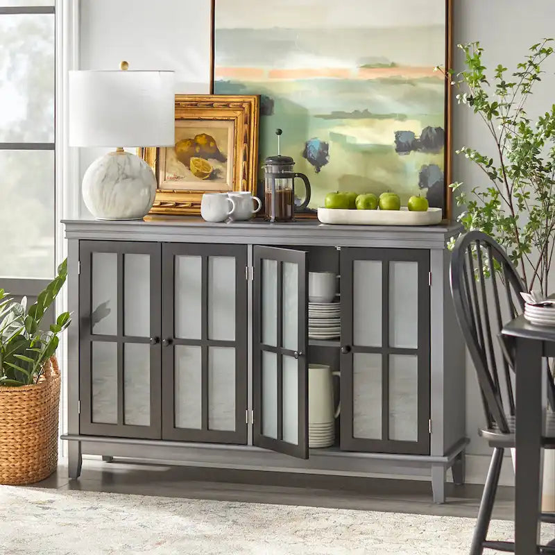 Frosted Glass Buffet Cabinet with Four Doors and Adjustable Shelves