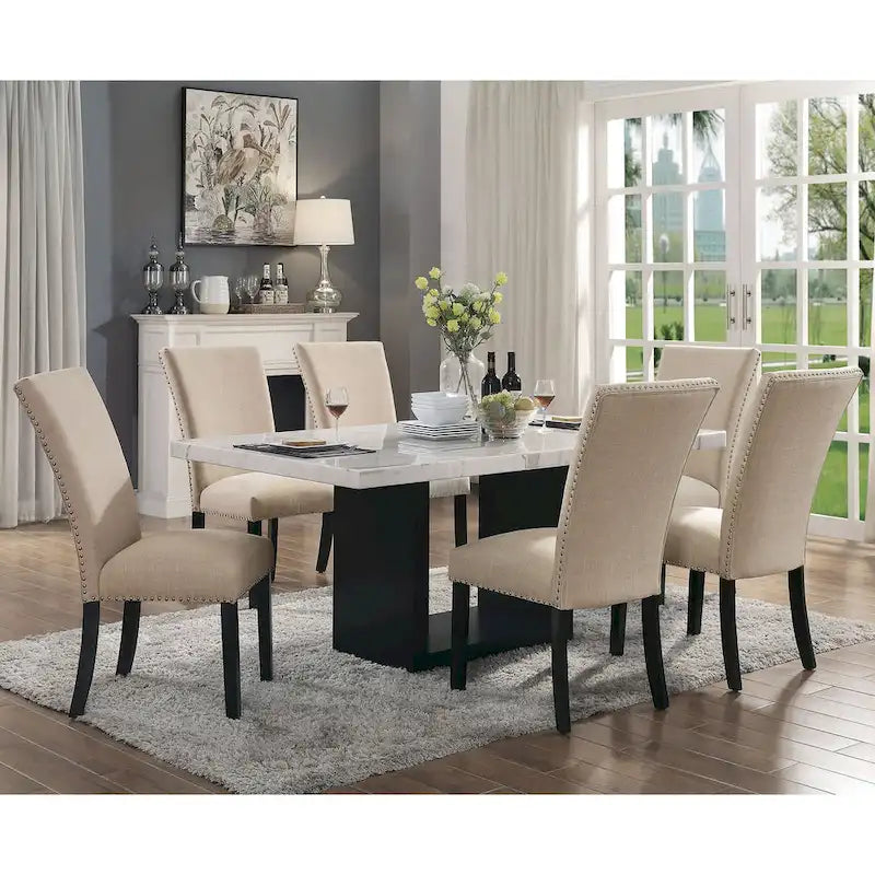 Modern Upholstered Dining Side Chairs with Nailhead Trim and Flared Backs