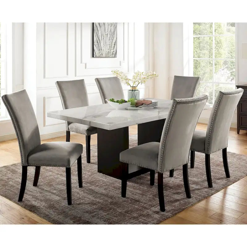 Modern Upholstered Dining Side Chairs with Nailhead Trim and Flared Backs