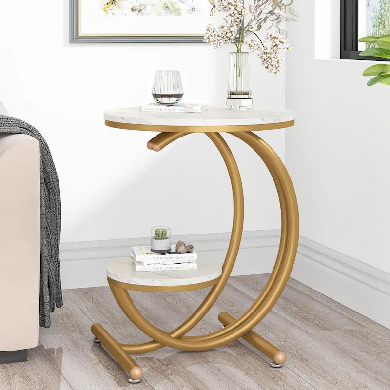 Round Faux Marble Side Table with C-Frame and Storage Shelf
