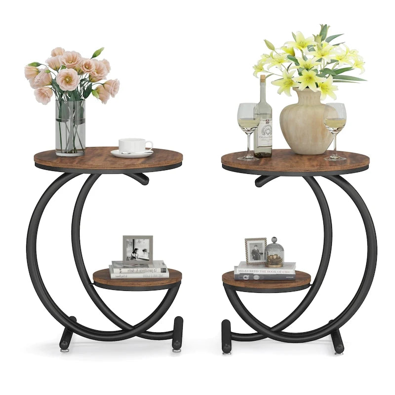 Round Faux Marble Side Table with C-Frame and Storage Shelf
