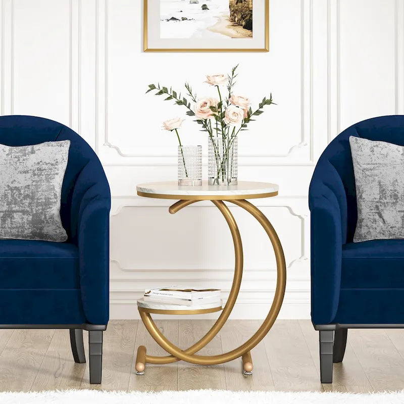 Round Faux Marble Side Table with C-Frame and Storage Shelf