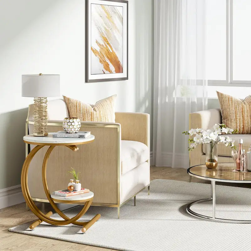 Round Faux Marble Side Table with C-Frame and Storage Shelf