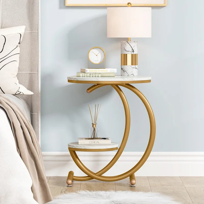 Round Faux Marble Side Table with C-Frame and Storage Shelf