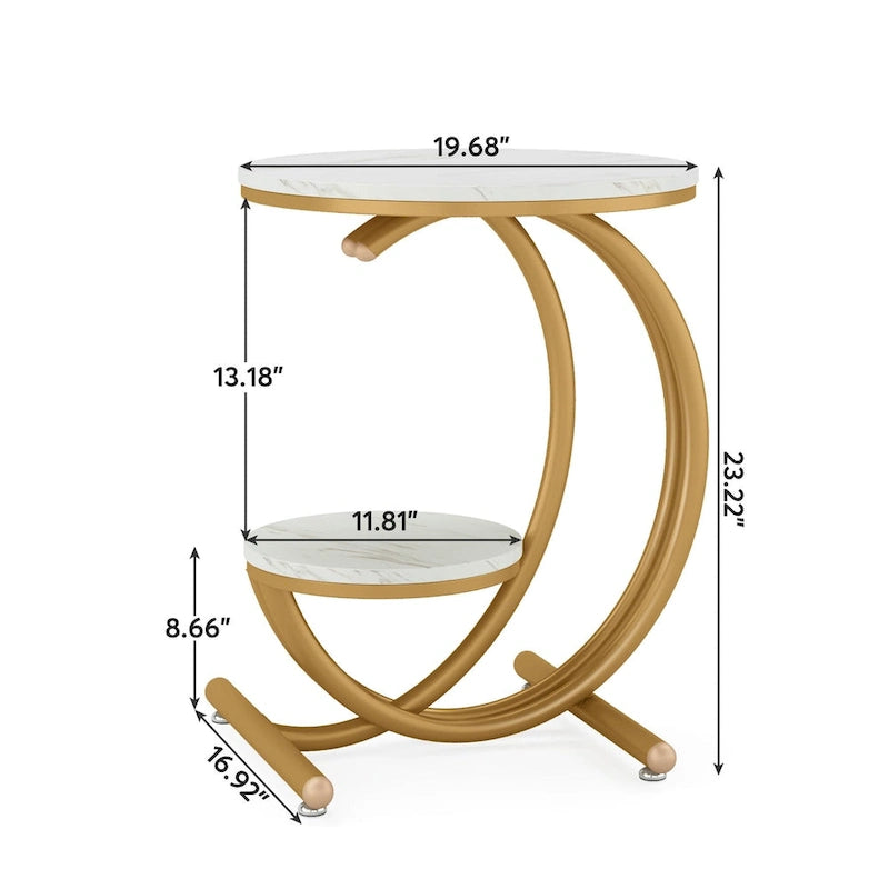 Round Faux Marble Side Table with C-Frame and Storage Shelf