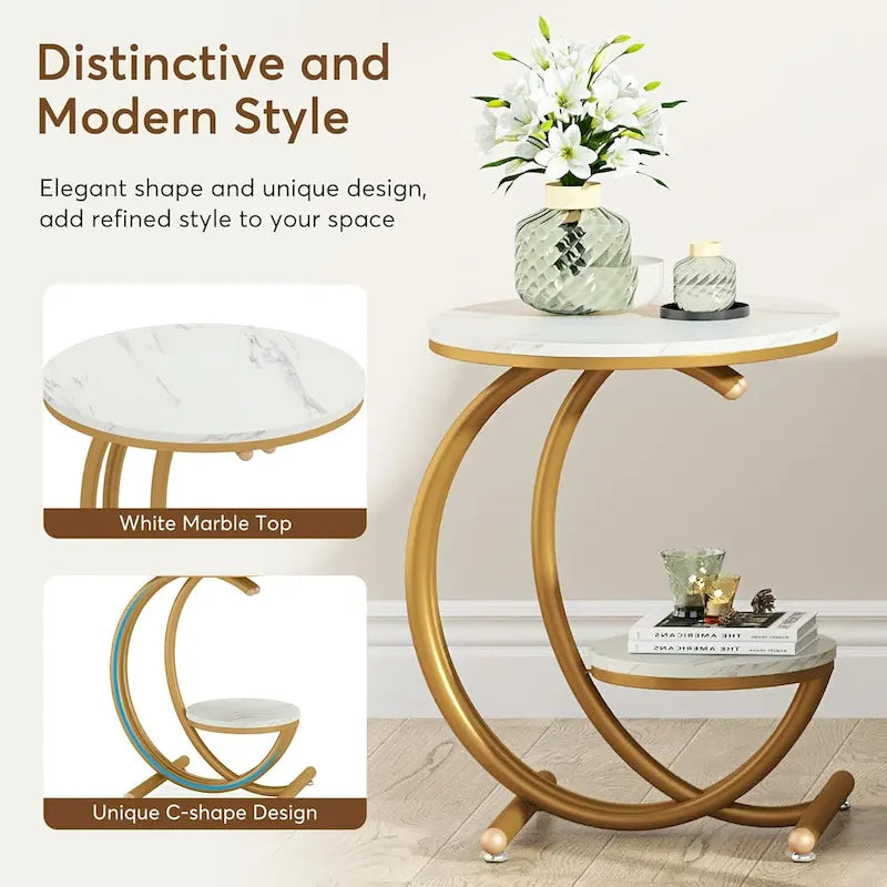 Round Faux Marble Side Table with C-Frame and Storage Shelf