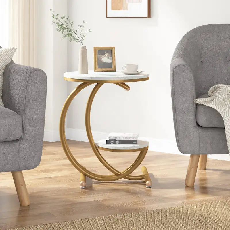 Round Faux Marble Side Table with C-Frame and Storage Shelf