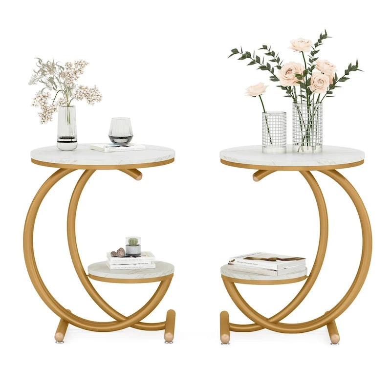 Round Faux Marble Side Table with C-Frame and Storage Shelf