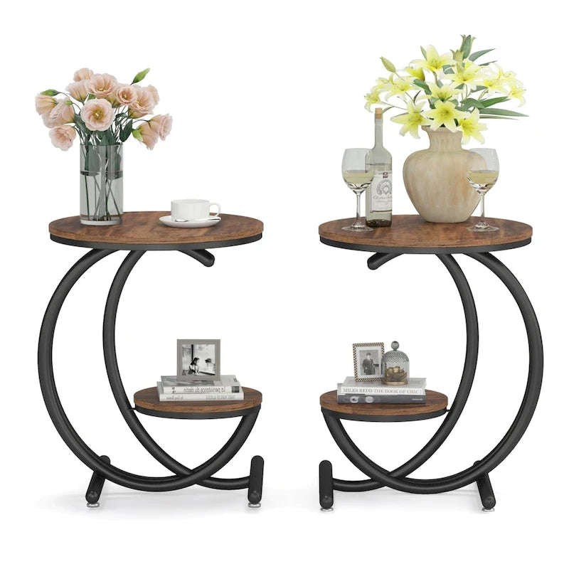 Round Faux Marble Side Table with C-Frame and Storage Shelf