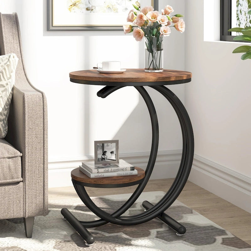 Round Faux Marble Side Table with C-Frame and Storage Shelf