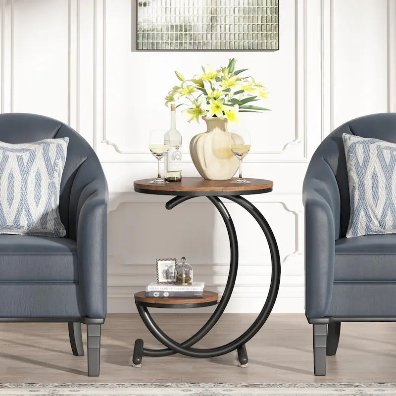 Round Faux Marble Side Table with C-Frame and Storage Shelf