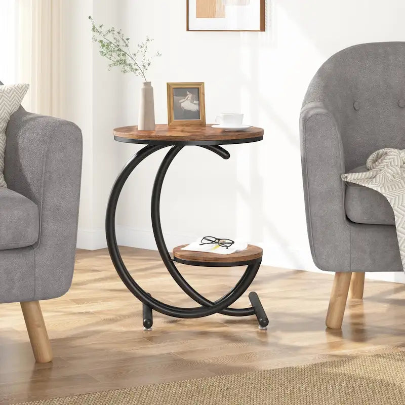 Round Faux Marble Side Table with C-Frame and Storage Shelf