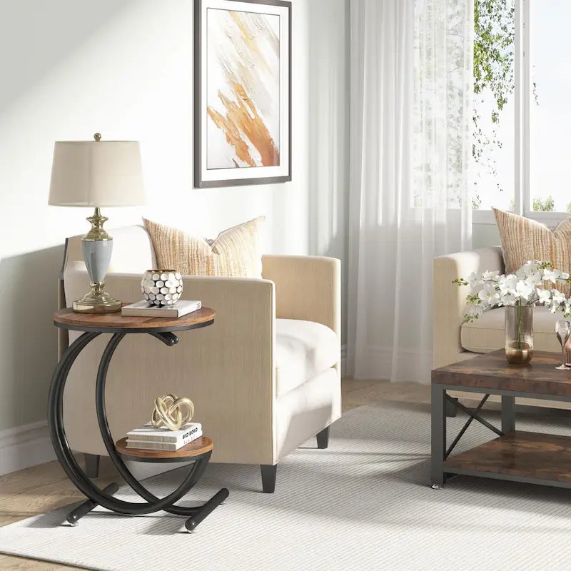 Round Faux Marble Side Table with C-Frame and Storage Shelf