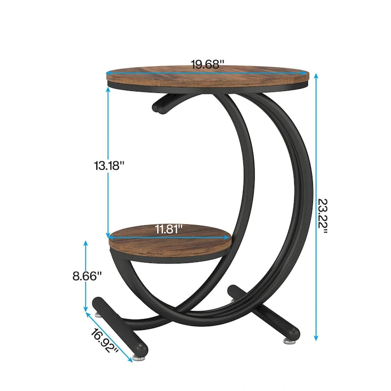 Round Faux Marble Side Table with C-Frame and Storage Shelf