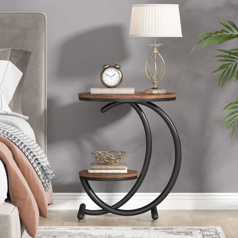 Round Faux Marble Side Table with C-Frame and Storage Shelf
