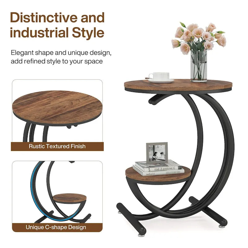Round Faux Marble Side Table with C-Frame and Storage Shelf