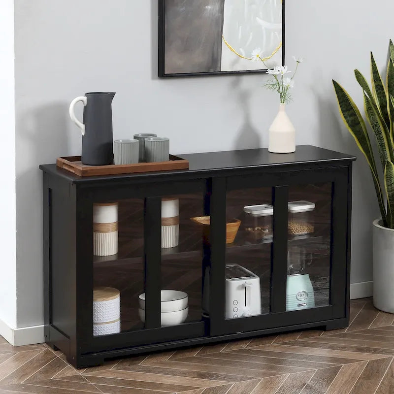Modern Sideboard with Tempered Glass Sliding Doors and Adjustable Shelf