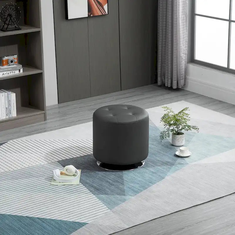 Round Tufted Swivel Ottoman with Padded Seat and Steel Base
