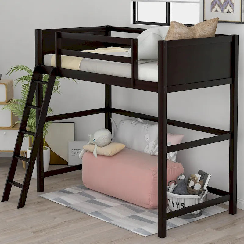 Solid Pine Loft Bed with Guardrails, Ladder and Slat Support