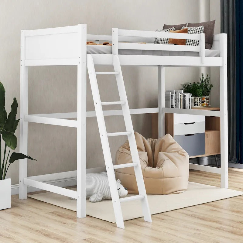 Solid Pine Loft Bed with Guardrails, Ladder and Slat Support