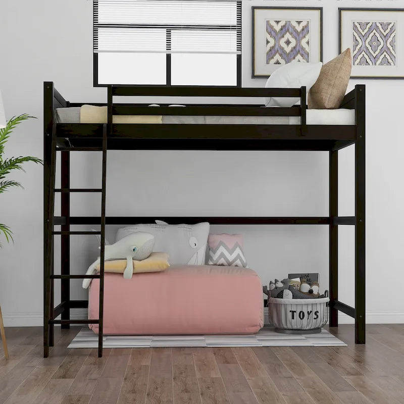 Solid Pine Loft Bed with Guardrails, Ladder and Slat Support