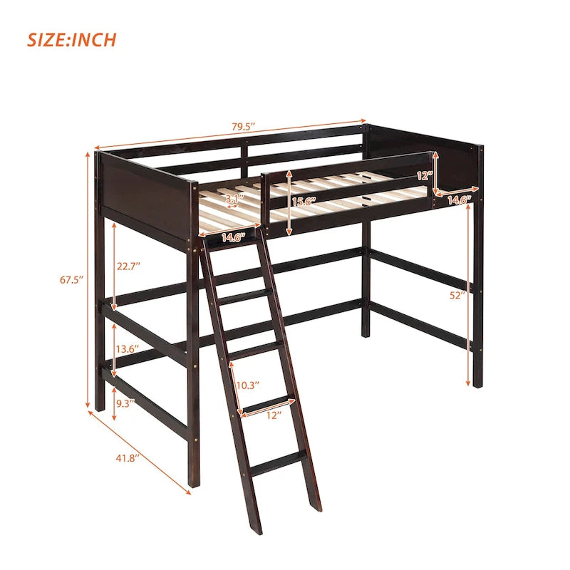 Solid Pine Loft Bed with Guardrails, Ladder and Slat Support