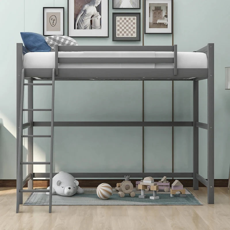 Solid Pine Loft Bed with Guardrails, Ladder and Slat Support