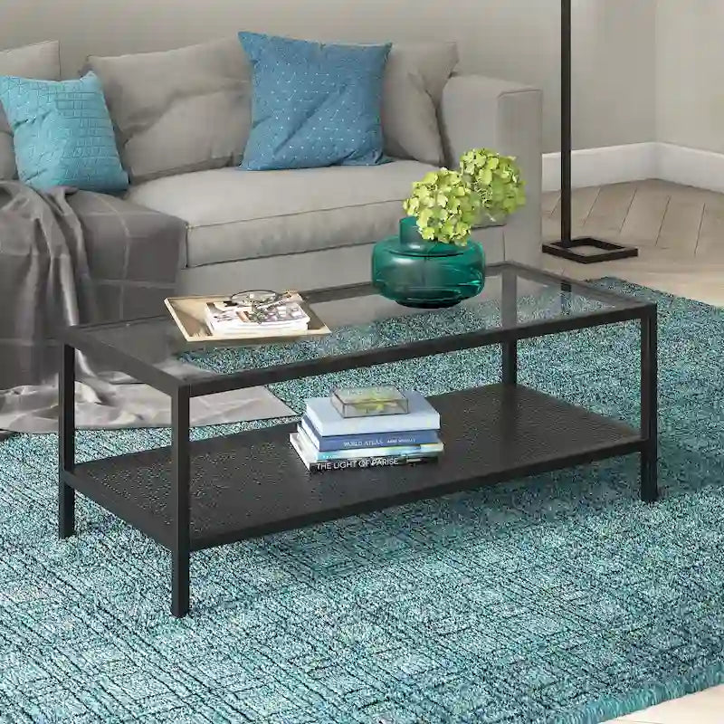 Rectangular Tempered-Glass Coffee Table with Steel Frame and Metal Shelf