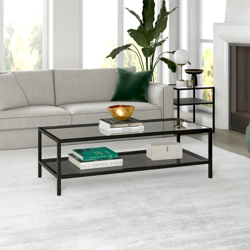 Rectangular Tempered-Glass Coffee Table with Steel Frame and Metal Shelf