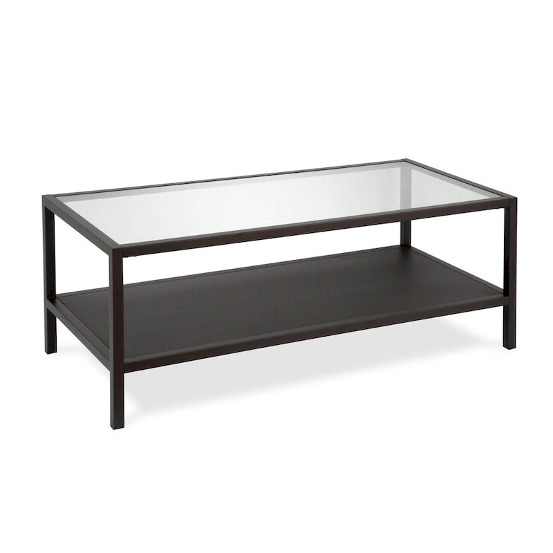 Rectangular Tempered-Glass Coffee Table with Steel Frame and Metal Shelf