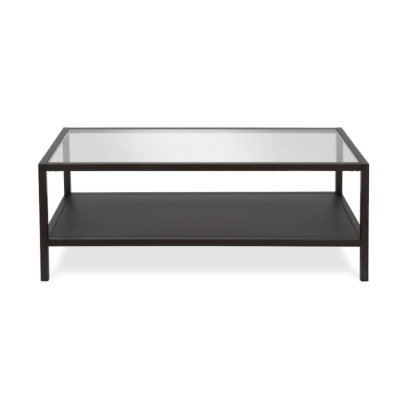 Rectangular Tempered-Glass Coffee Table with Steel Frame and Metal Shelf
