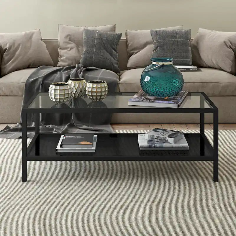 Rectangular Tempered-Glass Coffee Table with Steel Frame and Metal Shelf