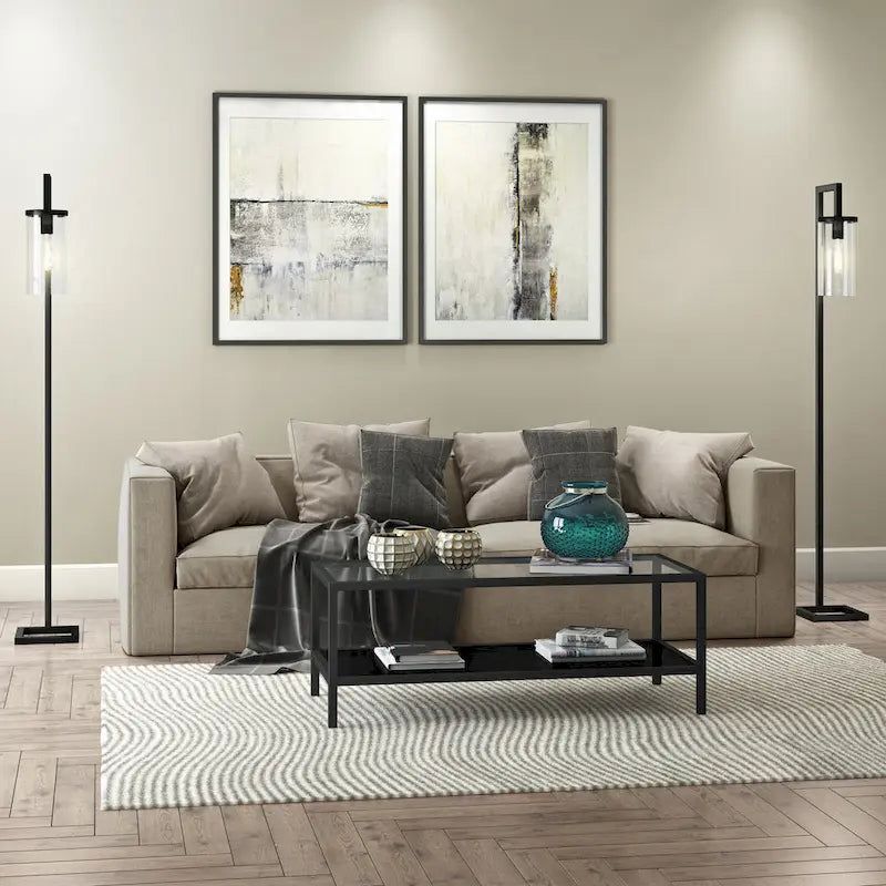 Rectangular Tempered-Glass Coffee Table with Steel Frame and Metal Shelf