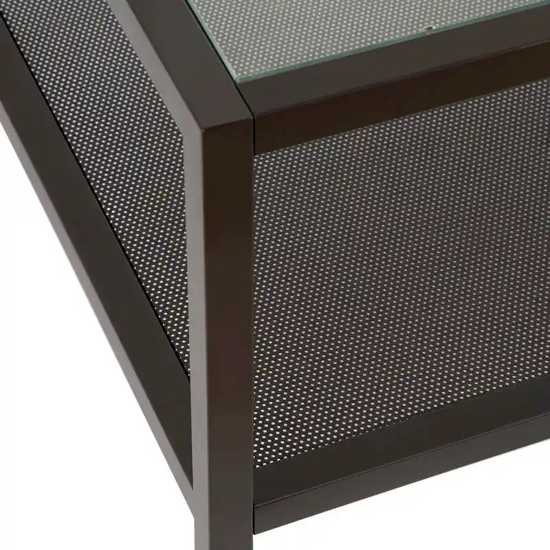 Rectangular Tempered-Glass Coffee Table with Steel Frame and Metal Shelf