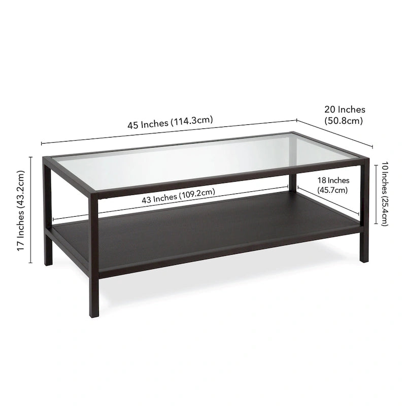 Rectangular Tempered-Glass Coffee Table with Steel Frame and Metal Shelf